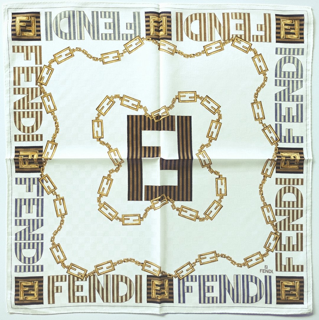 Fendi 古董丝巾 缀以链条与条纹图案的图纹字母标志 20 x 20 英寸 - 手帕/方巾 - 棉 咖啡色