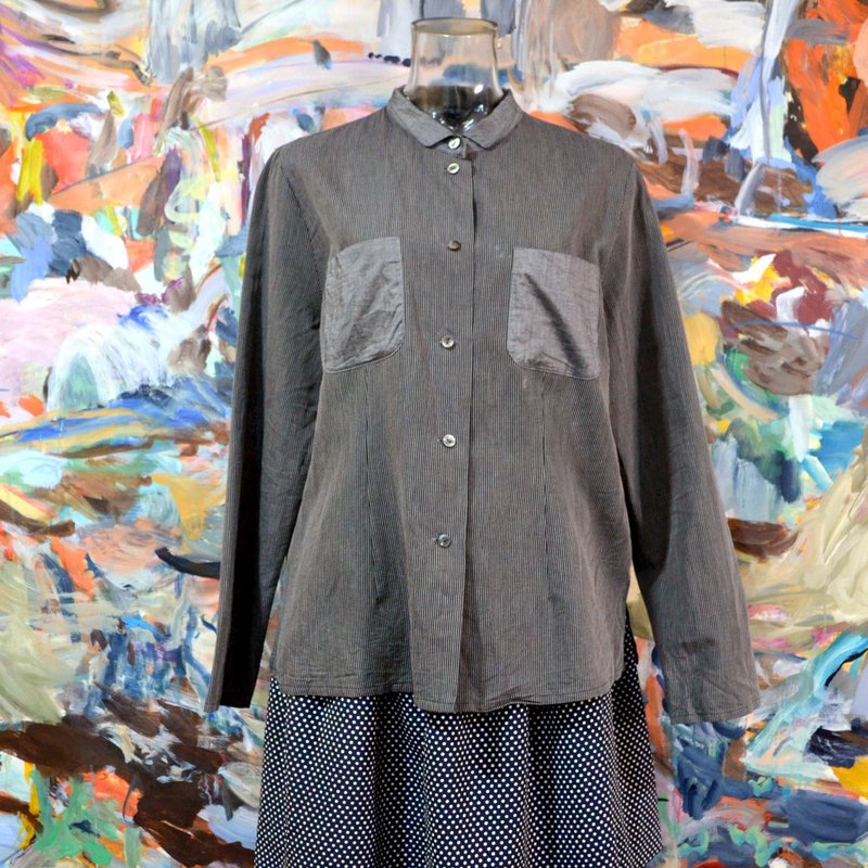灰色条子双袋口 直身宽肩附肩垫长袖衬衫 高贵优雅 日本中古古着 - 女装衬衫 - 其他人造纤维 灰色