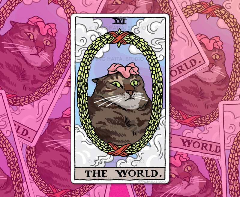 Cat Tarot The World Flower Cat Meme Die Cut Sticker - 贴纸 - 塑料 