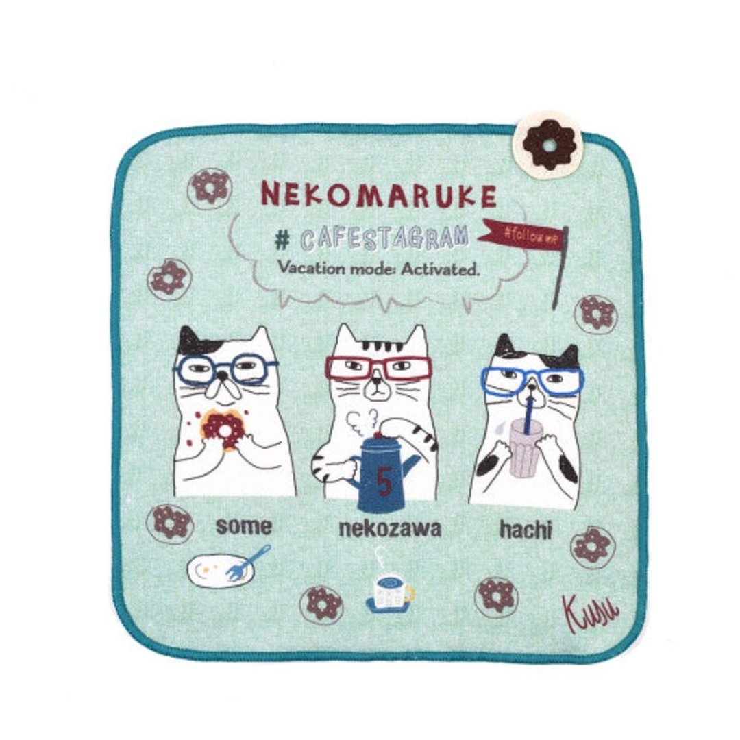 Kusuguru Japan纱布绒手帕 毛巾 日本眼镜猫 NEKOMARUKE系列-绿色 - 手帕/方巾 - 其他人造纤维 绿色