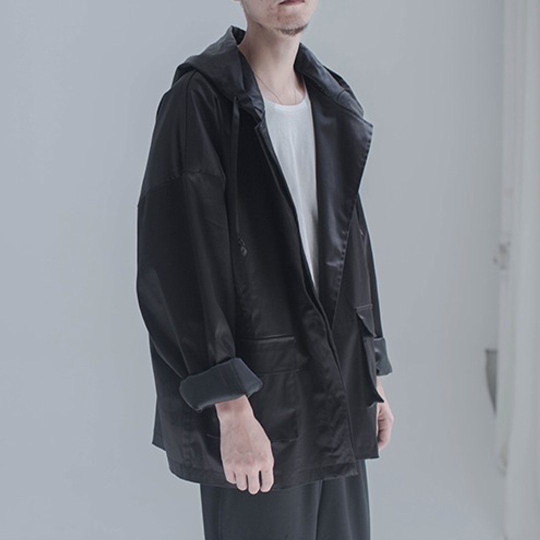 黑色 情侣Rain Man雨人 廓形oversize酷感连帽风衣外套 无敌炫酷 - 女装西装外套/风衣 - 其他材质 黑色