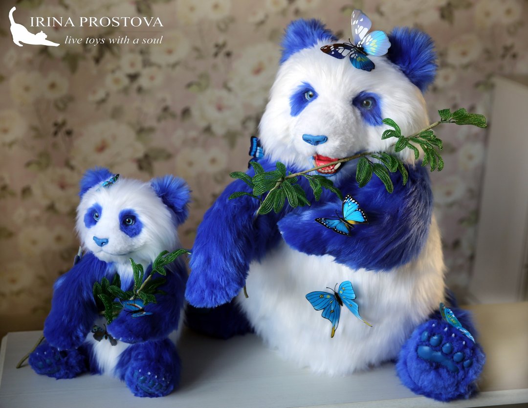 Pandas realistic toy. Teddy bear. OOAK toy. Poseable toy. stuffed bear - 玩偶/公仔 - 其他材质 蓝色