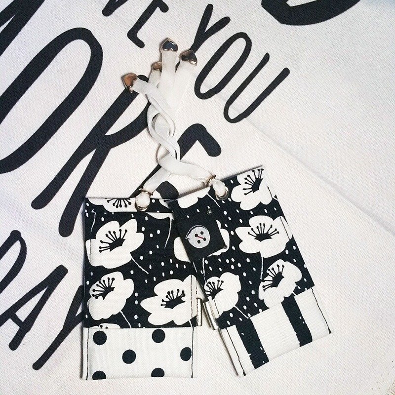 独家双生银莲花拼接条纹波点卡包卡套卡片套悠游卡印花随身一对入礼物【HOPOTOTO】 - 证件套/卡套 - 棉．麻 黑色