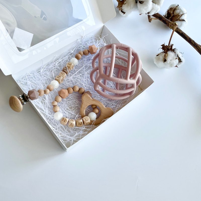 奶嘴架 出牙婴儿球 婴儿礼物礼盒 柔和色调 可选木质图案 - 满月礼盒 - 硅胶 咖啡色