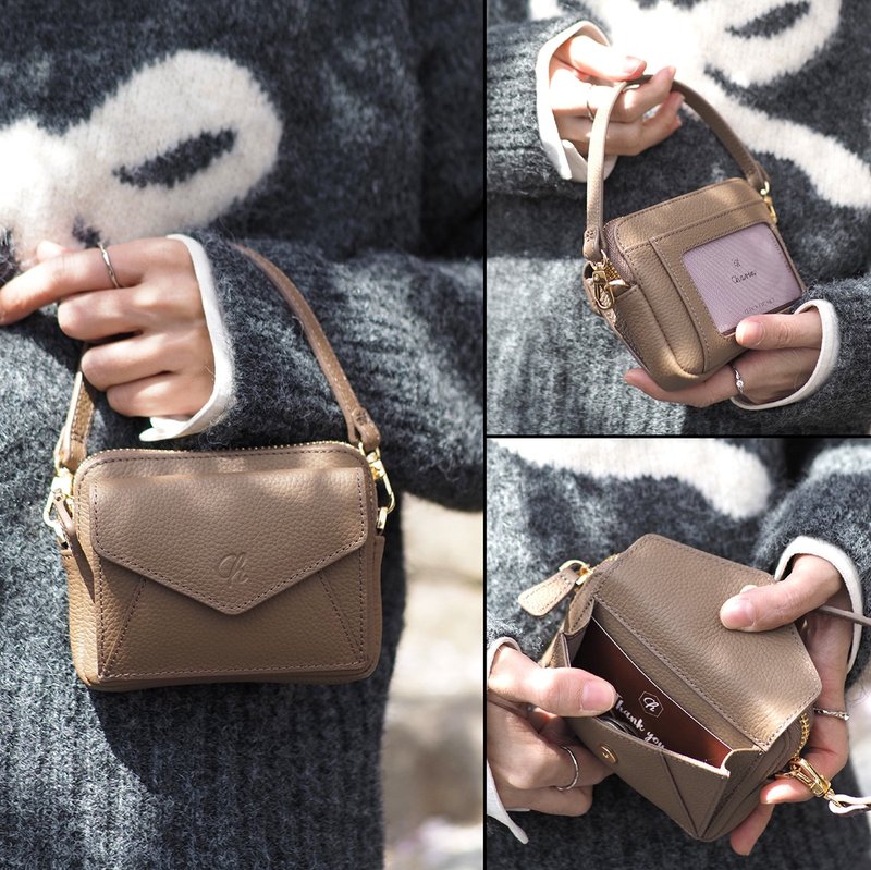 Valen (暖沙色)：迷你钱包、短夹、牛皮、棕色、拉链零钱包 - 皮夹/钱包 - 真皮 咖啡色