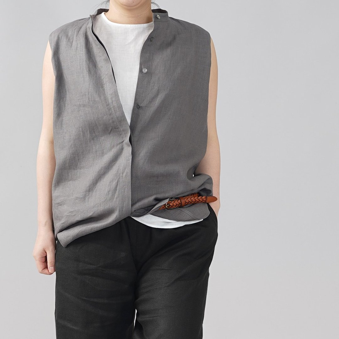 wafu - 純亞麻背心 Lightweight Linen Fly Front Tank / Iron t018b-nib1 - 女装上衣 - 亚麻 灰色
