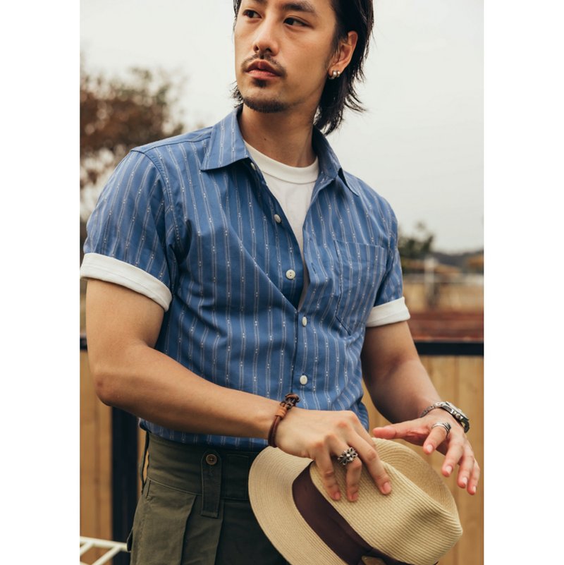 复古Vintage衬衫 提花条纹短袖 工装 美式 两色 - 男装衬衫 - 棉．麻 多色