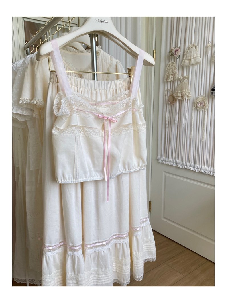 法式少女  Vintage法蕾 手工制吊带 - 女装上衣 - 亚麻 粉红色