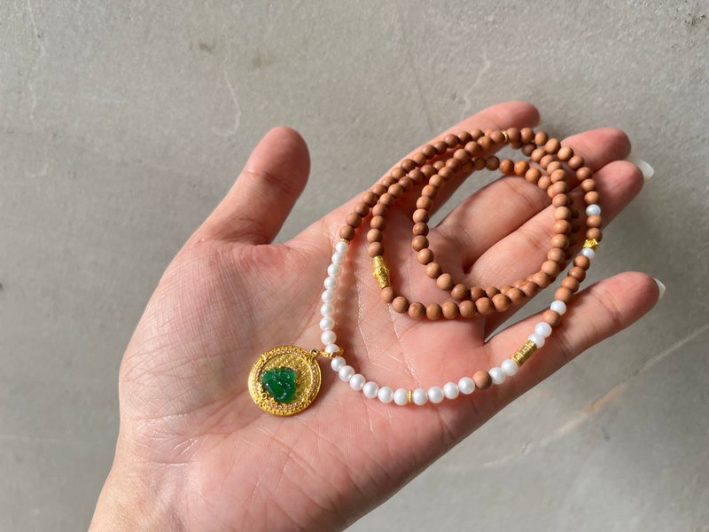 6mm索迈尔 原生老山檀 珍珠925银镶翡翠佛设计多圈手串项链s - 手链/手环 - 木头 咖啡色