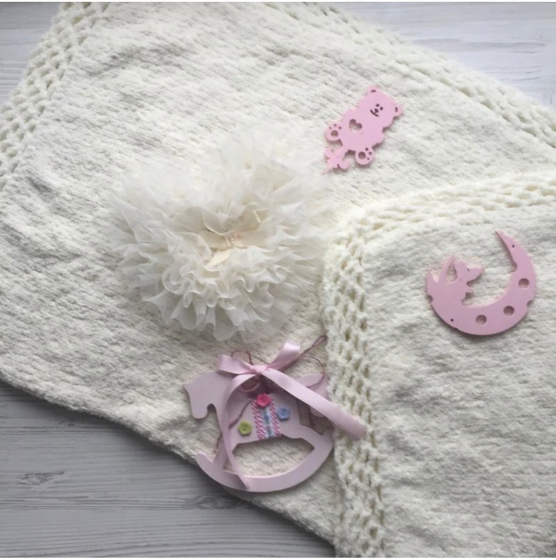 Ivory hand knit blanket for baby. Take home blanket. Baptism blanket. - 包屁衣/连体衣 - 其他材质 