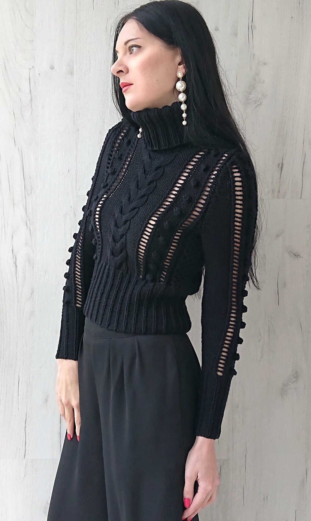 Cable knit sweater Merino wool sweater Black turtleneck - 女装针织衫/毛衣 - 羊毛 
