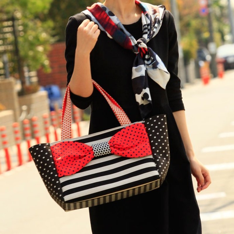 缎带托特包 Love Comedy L尺寸 橘色圆点条纹拼接 - 手提包/手提袋 - 棉．麻 橘色