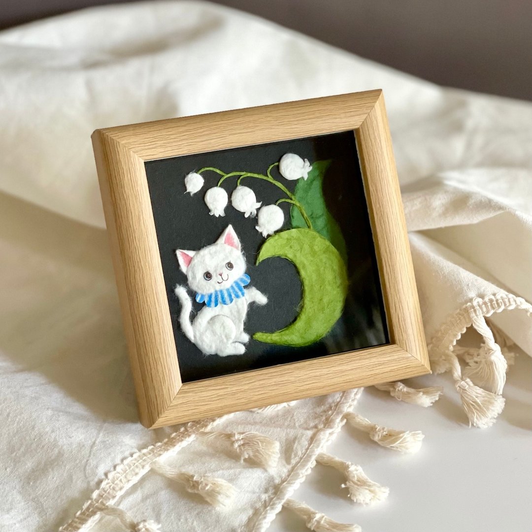 Pinkoi 代购 - [原画] 和纸撕纸画‘春日花与猫’铃兰与白猫的小型裱框艺术 - 海报/装饰画/版画 - 纸 黑色