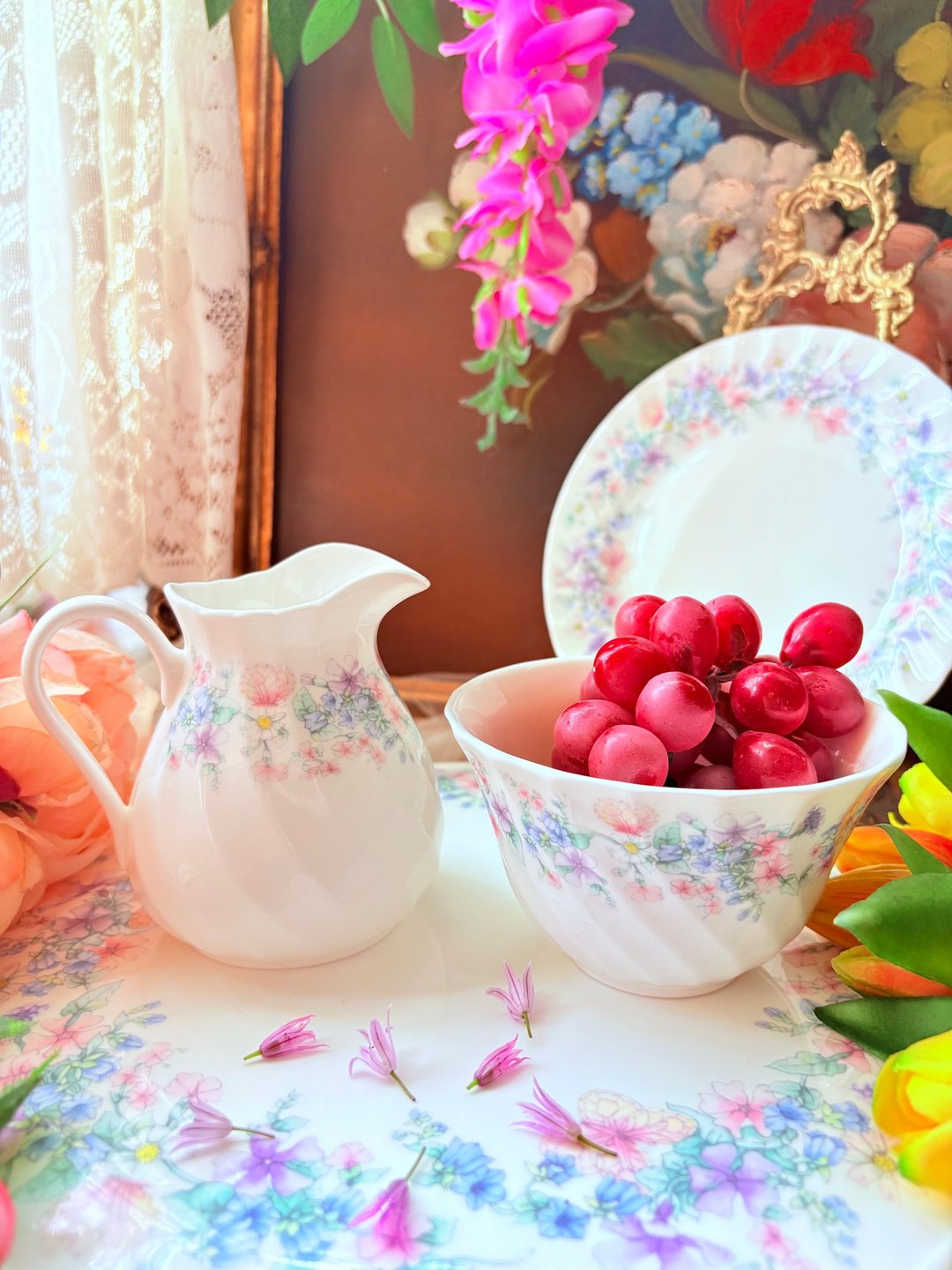 英国制 Wedgwood 1980 年 安琪拉花卉奶壶糖碗两件组库存品 - 茶具/茶杯 - 瓷 多色