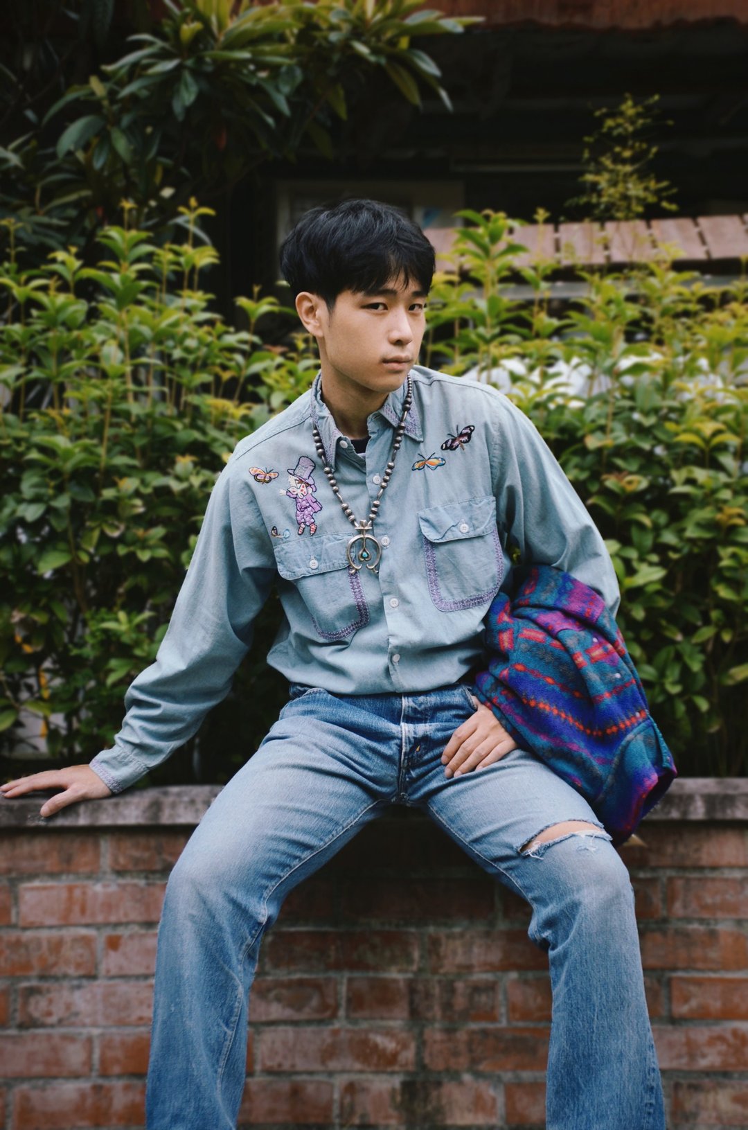 Vintage 70s Embroidered Chambray Shirt 手工刺绣嬉皮衬衫 - 男装衬衫 - 棉 多色