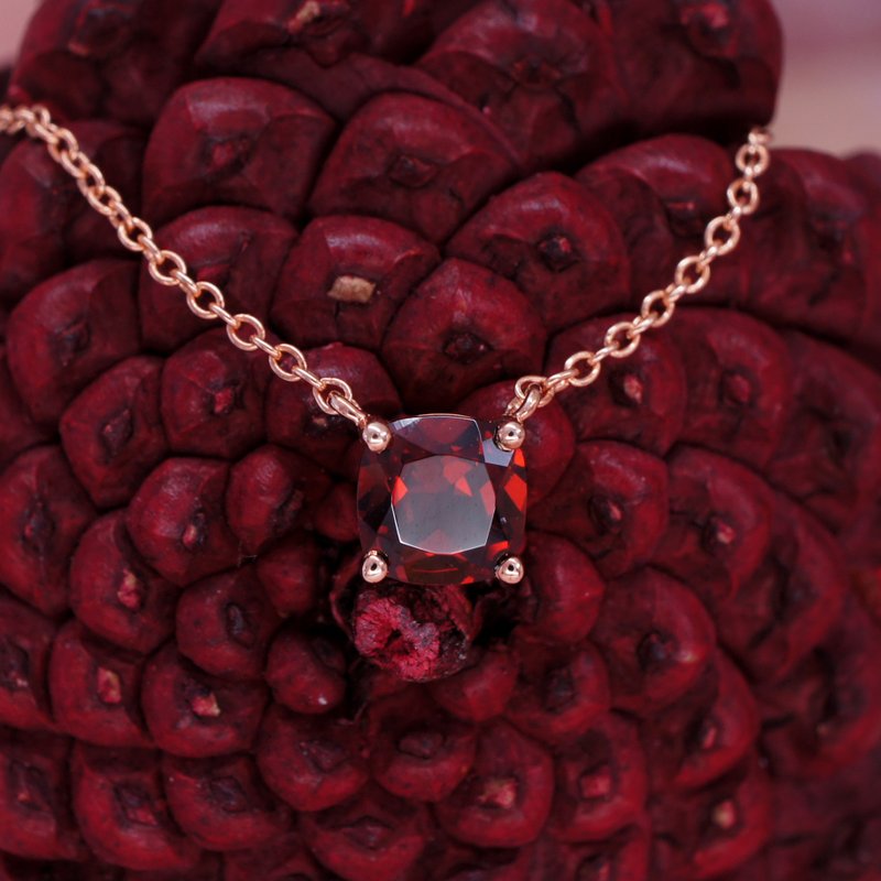 糖果 – 6 mm 方形 切角 红石榴石 纯银 电18K玫瑰金 颈链 - 锁骨链 - 宝石 红色