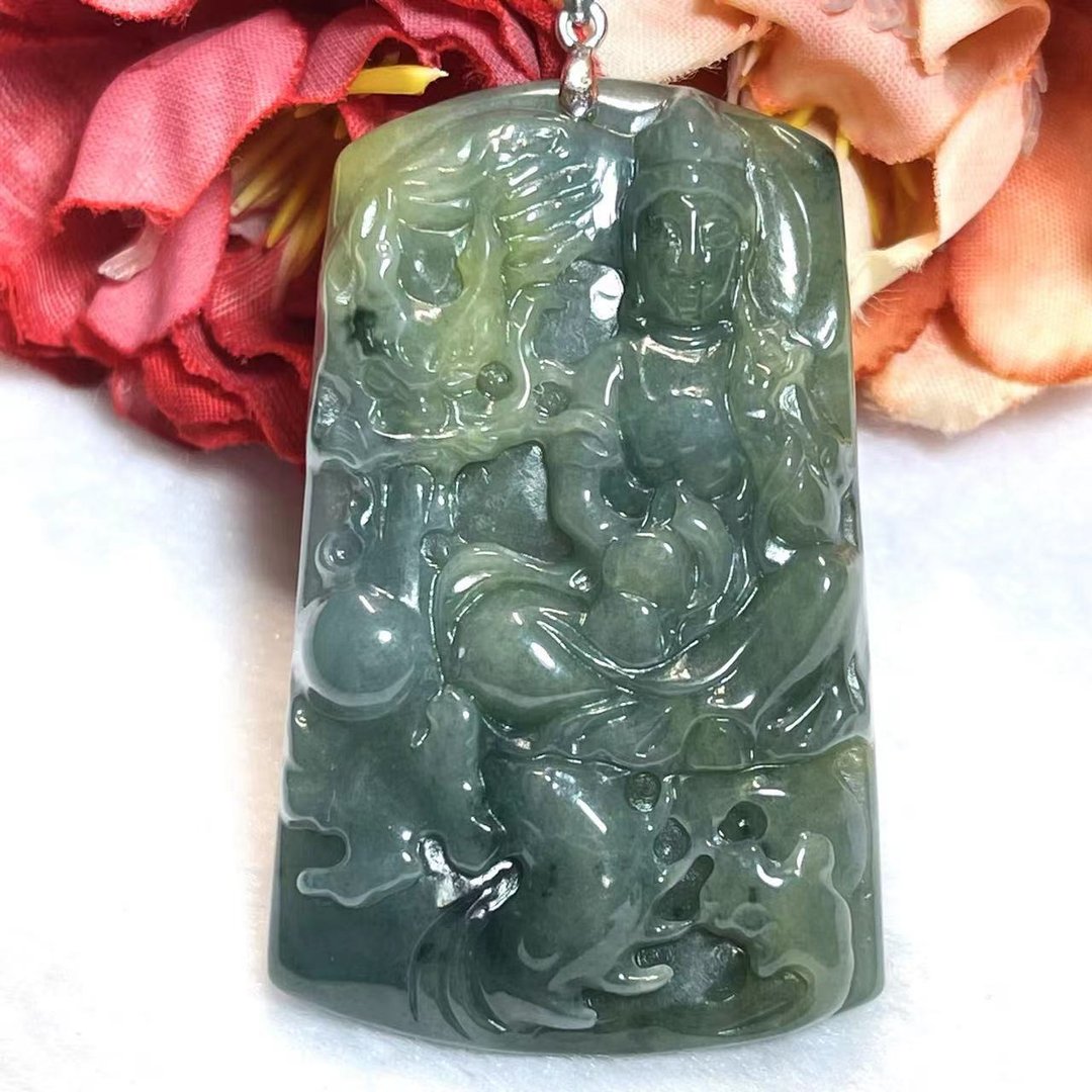 多宝晶石/天然翡翠A货乘龙观音/龙头观音/威料翡翠/蓝水观音/附证 - 项链 - 玉石 蓝色