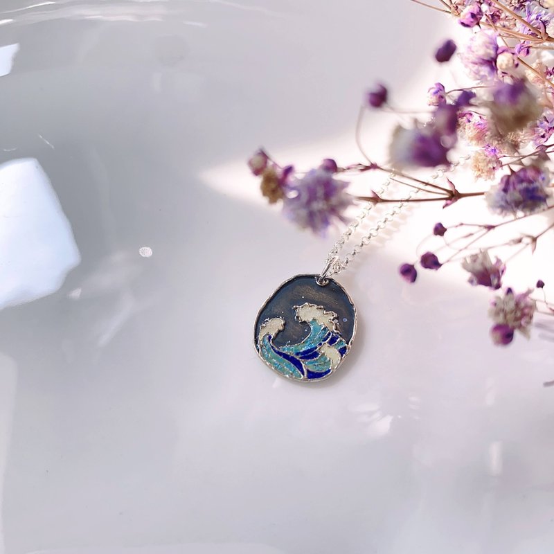 海浪 - 纯银项链 浮世绘 珐琅 手工 染黑 - 项链 - 纯银 多色