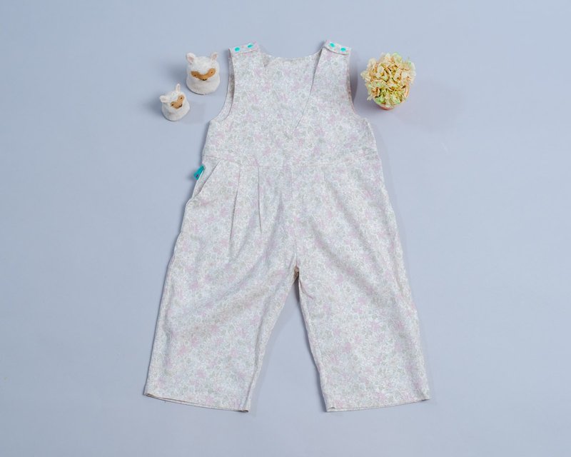 小v肩扣宽管长裤-花31 防蚊儿童 长裤 - 童装裙 - 棉．麻 紫色