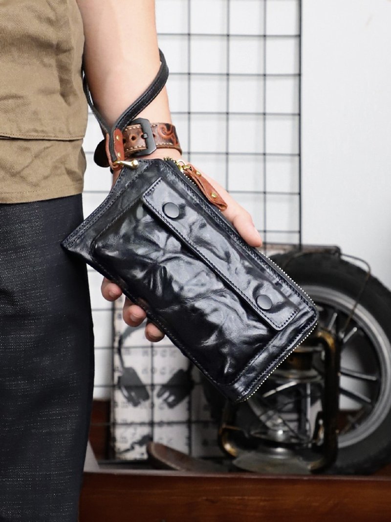 真皮手拿包 复古头层植鞣牛皮长款夹包 大容量长款钱包/手机包 - 皮夹/钱包 - 真皮 黑色