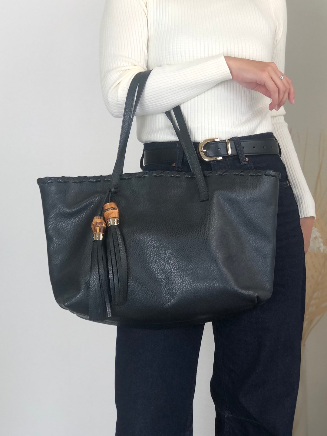【 日本直送 名牌中古包 】GUCCI 古驰 托特包 黑色 竹节 皮革 vintage 古着 旧款 5j436w - 手提包/手提袋 - 真皮 黑色
