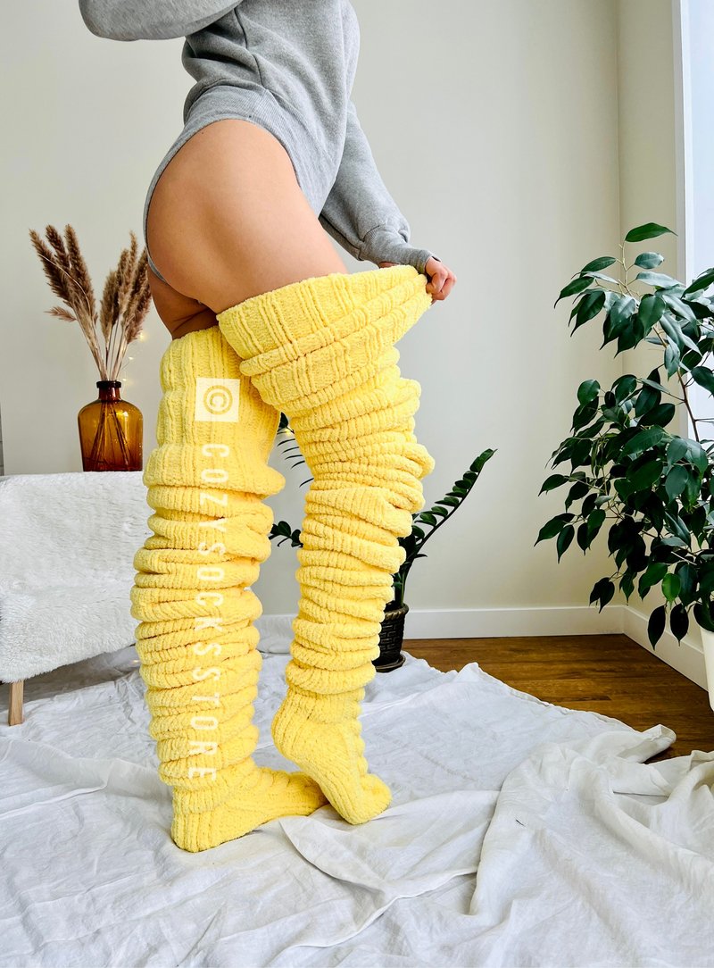 毛绒过膝袜 男士袜子 过膝袜 定制家居内衣 - 丝袜 - 聚酯纤维 黄色