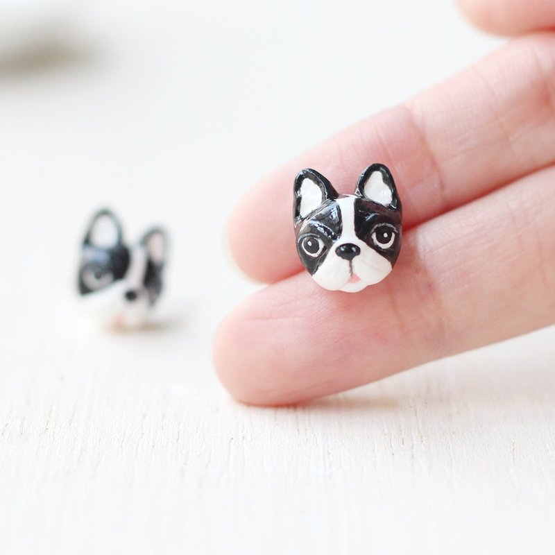 Tuxedo French Bulldog Earrings, Dog Stud Earrings, dog lover gifts - 耳环/耳夹 - 粘土 黑色