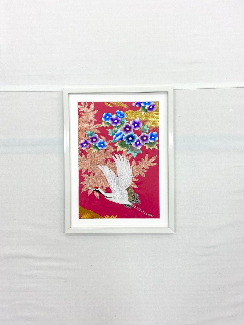 彩色打挂艺术面板 复古刺绣和服和风日式室内装饰 礼物鹤 结婚礼物 乔迁礼物 长寿礼物 幸运物品 带框室内装饰 带框 54 - 墙贴/壁贴 - 丝．绢 粉红色