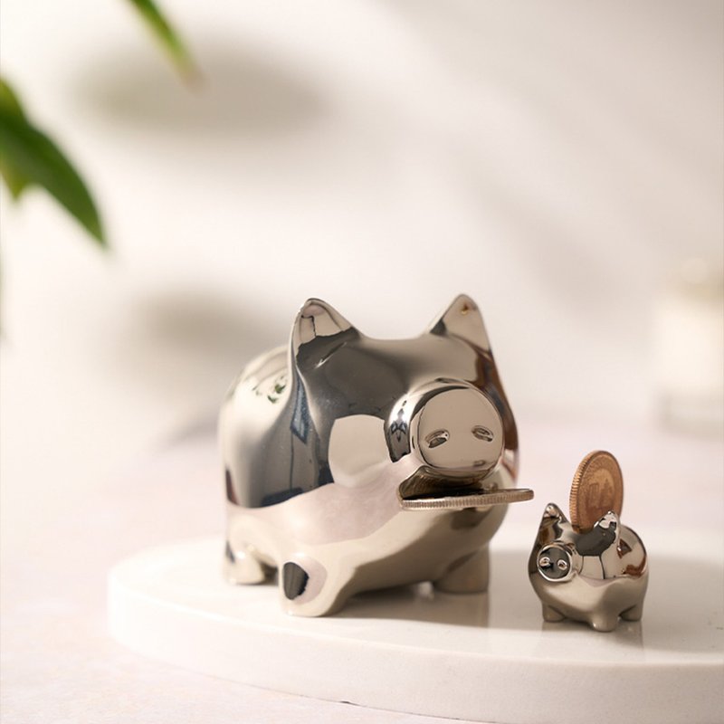 GOLDENPIG | 招财金猪 大猪小猪落御盘 白K金 - 摆饰 - 贵金属 银色