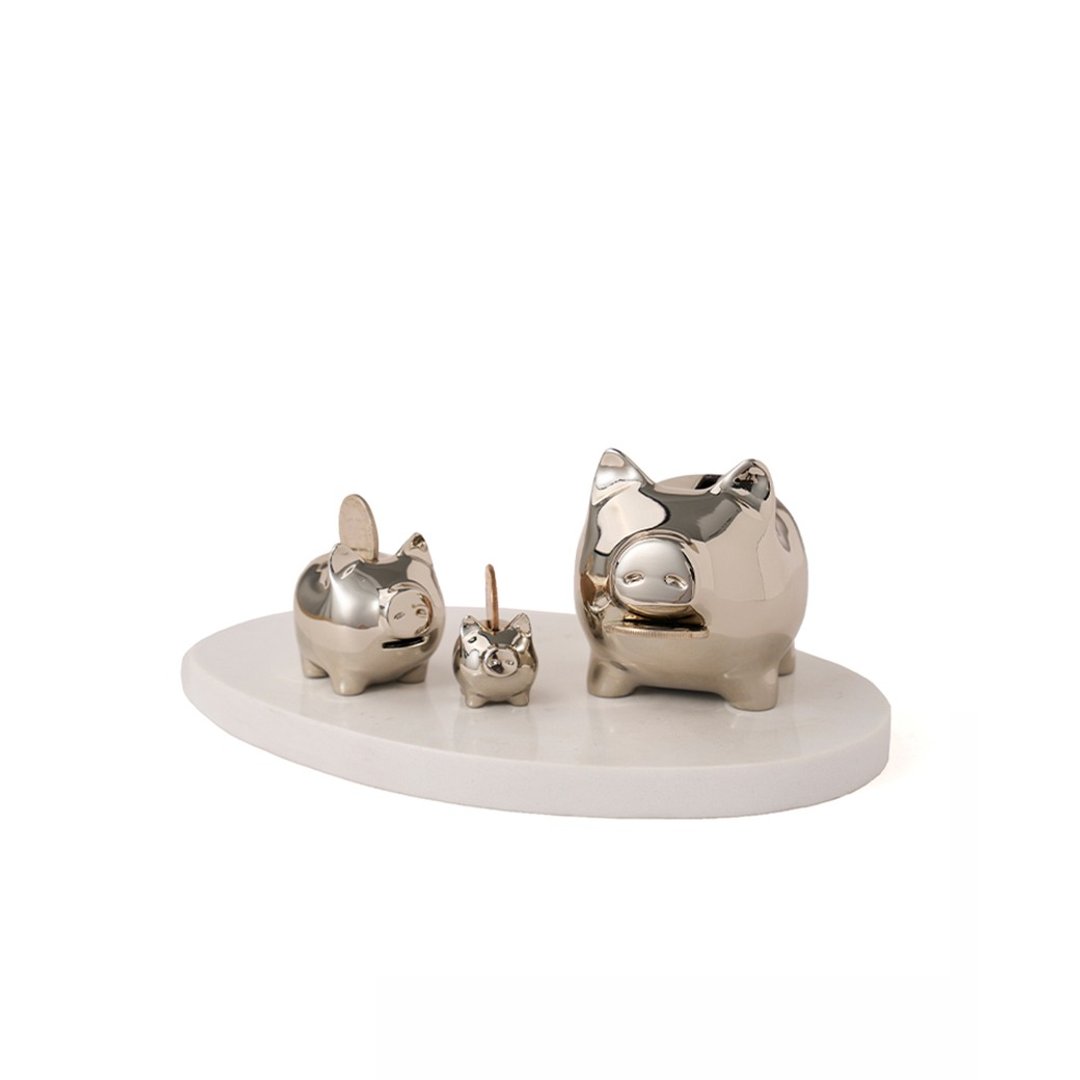GOLDENPIG | 招财金猪 大猪小猪落御盘 白K金 - 摆饰 - 贵金属 银色