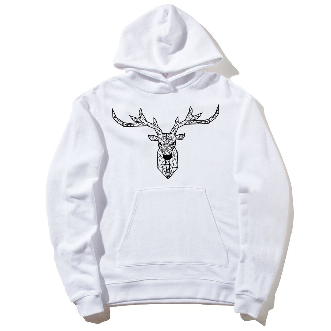 Deer Geometric 前图款 长袖刷毛连帽T 中性版 白色 几何 鹿 宇宙 设计 自创 品牌 银河系 时髦 圆 三角形 - 中性连帽卫衣/T 恤 - 棉 白色