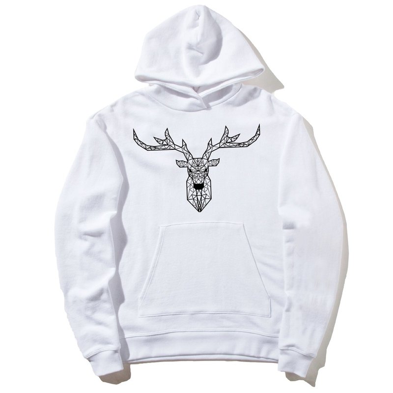 Deer Geometric 前图款 长袖刷毛连帽T 中性版 白色 几何 鹿 宇宙 设计 自创 品牌 银河系 时髦 圆 三角形 - 中性连帽卫衣/T 恤 - 棉．麻 白色