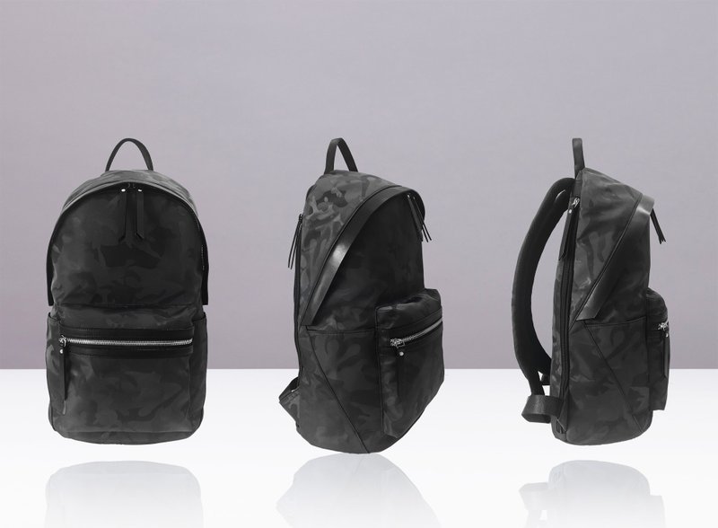 NEVER MIND 笔电便携防水背包-牛皮配防水迷彩提花布-Cloud - 后背包/双肩包 - 聚酯纤维 黑色