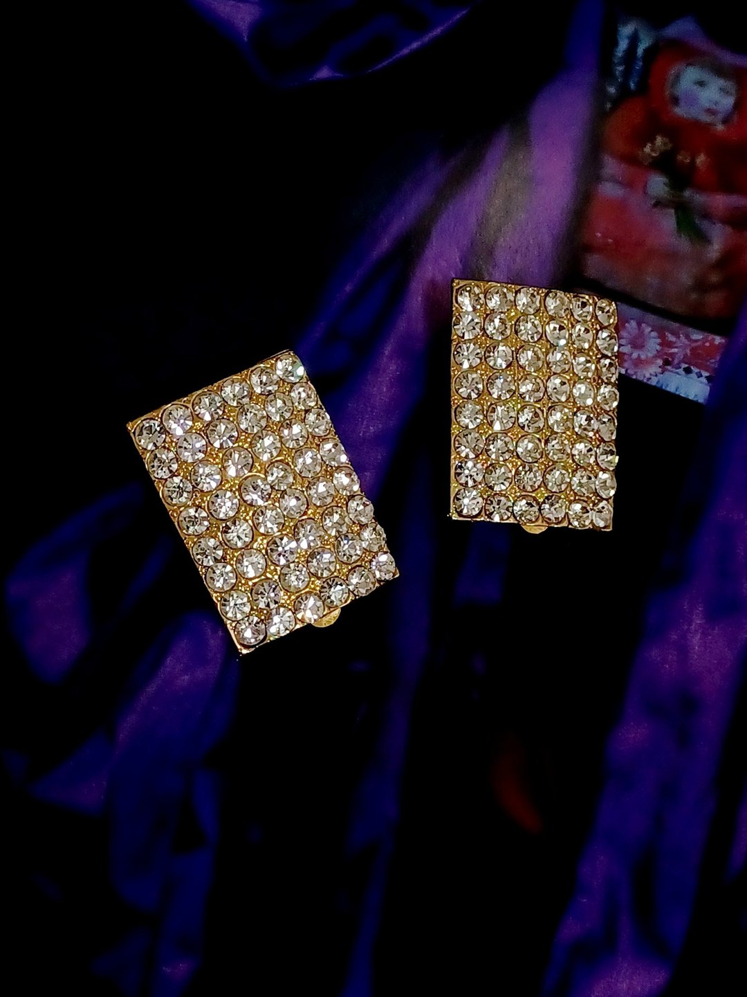 vintage jewelry  方形满天星莱茵夹式耳环 - 耳环/耳夹 - 其他金属 