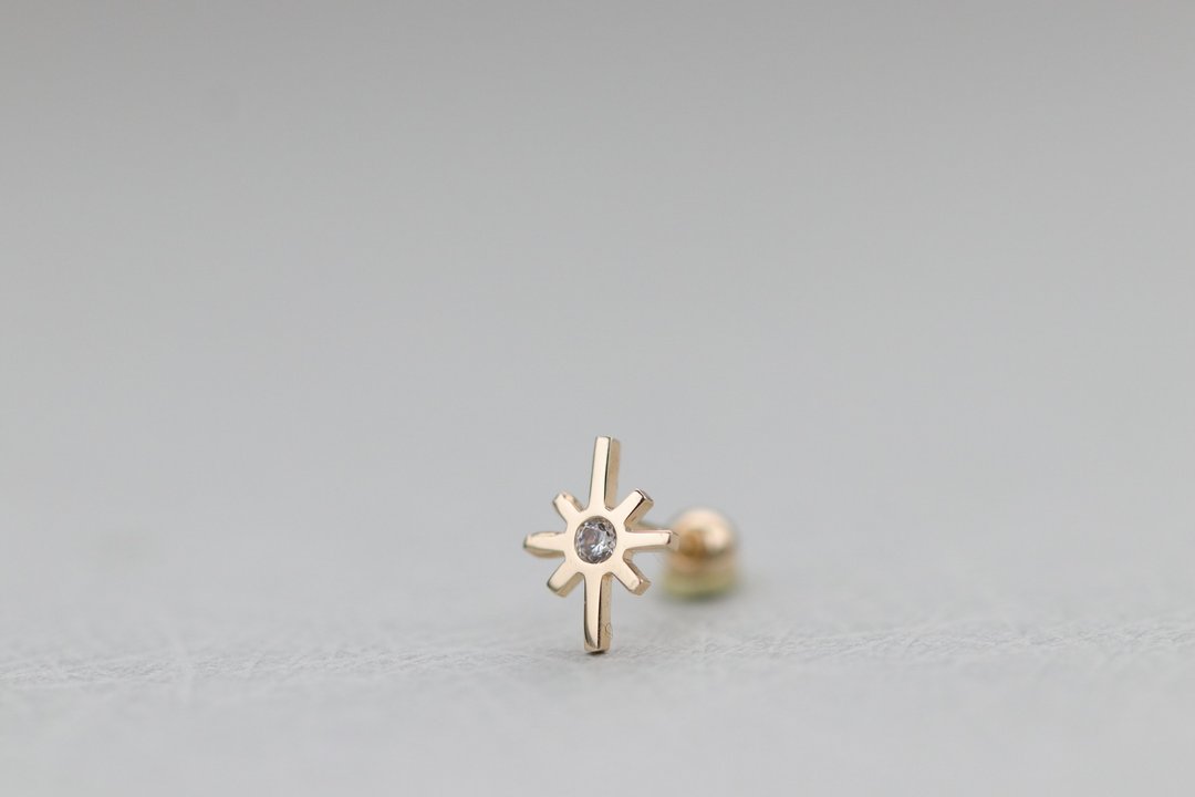 纯14k  星芒锁珠耳环(单个)耳骨 耳窝 不退色 - 耳环/耳夹 - 贵金属 金色