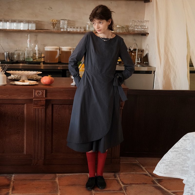 MintCheese 五星甜点师一字领优雅 典雅裹式藏蓝长绒棉连衣裙 - 洋装/连衣裙 - 棉．麻 多色