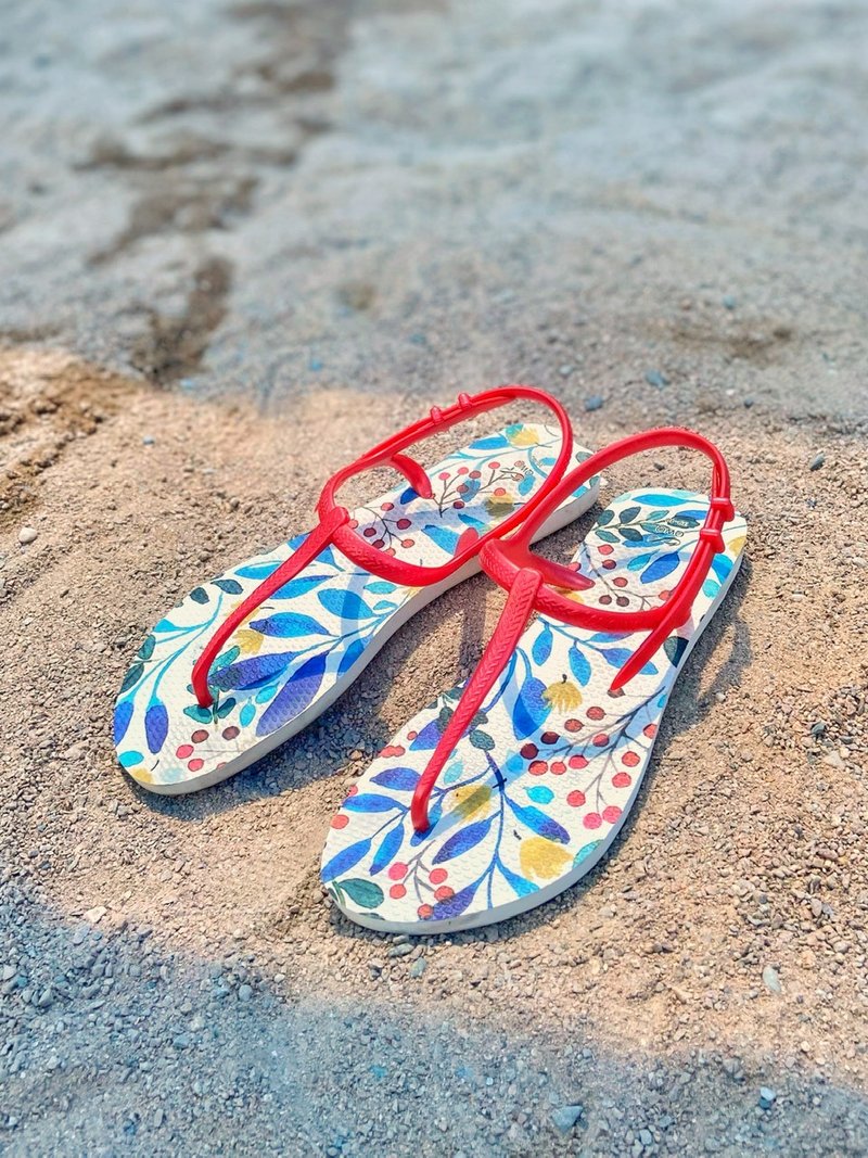 绑带T字凉鞋 LE设计 缤纷绘图 脚型修长 -Flora热情巴西红-白- - 男女凉鞋 - 橡胶 多色