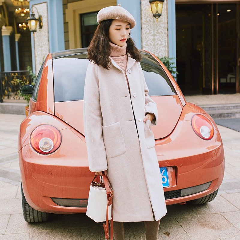 2018女装冬季穿搭小领插肩袖长款呢外套 XDW81369 - 女装休闲/机能外套 - 聚酯纤维 粉红色