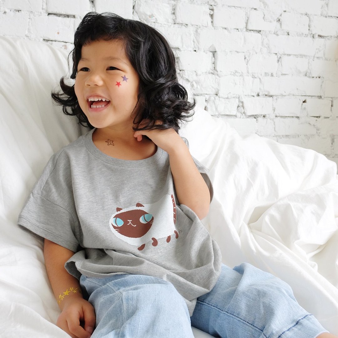Kids Luna暹罗鱼喵/儿童纯棉Tshirt/灰-中性版 即将绝版 - 童装上衣 - 棉 灰色