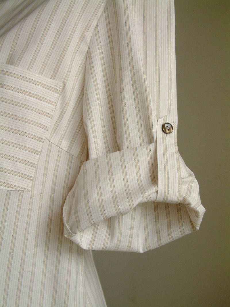 长版衬衫-棕白条纹 - 女装衬衫 - 棉．麻 咖啡色