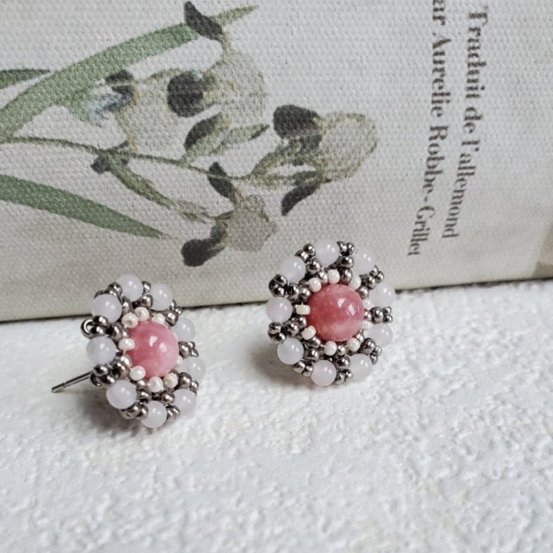 花饰耳环  菱锰矿粉晶耳针款 - 耳环/耳夹 - 其他材质 