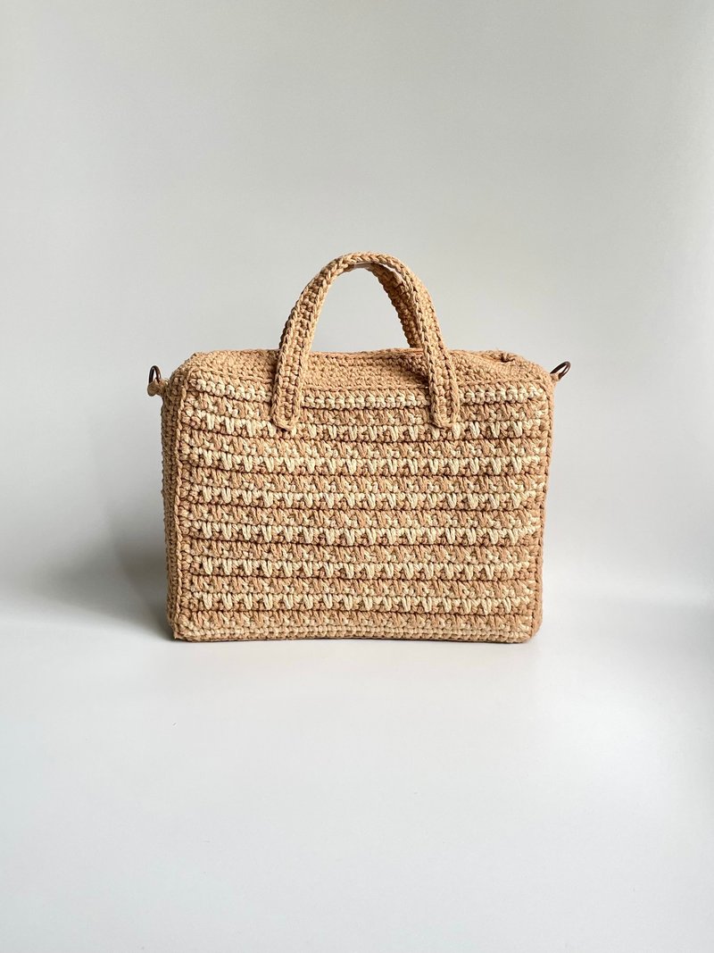 棉线编织手挽斜背两用拼色复古手提箱包 - 侧背包/斜挎包 - 棉．麻 卡其色