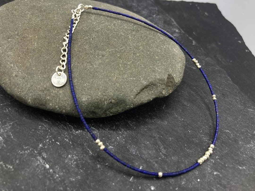 Lapis Lazuli or Turquoise and silver beads anklet (BA0004) - 脚链/脚环 - 银 银色