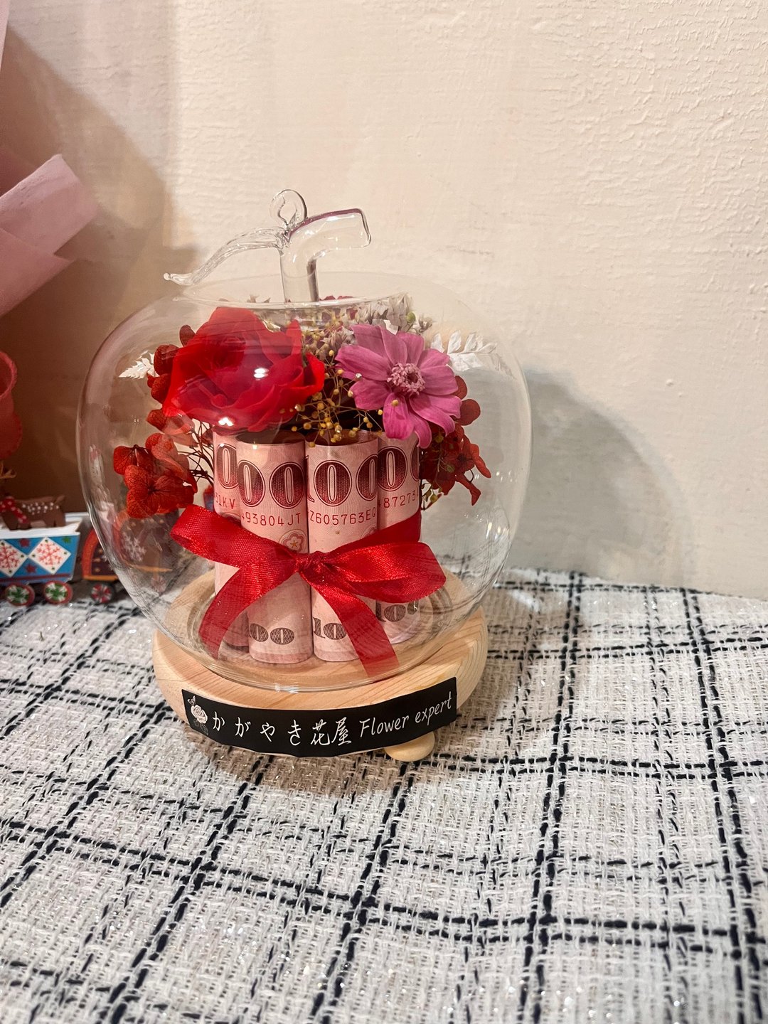 有钱花夜灯苹果玻璃盅/平安果/新婚快乐/带路鸡/母亲节礼物 - 干燥花/捧花 - 玻璃 红色