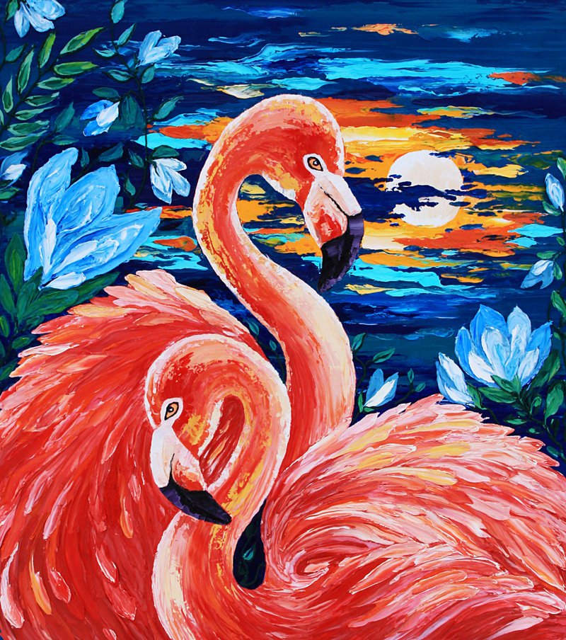 Pink Flamingo Painting Bird Original Art Impasto Artwork Oil Canvas - 海报/装饰画/版画 - 其他材质 粉红色