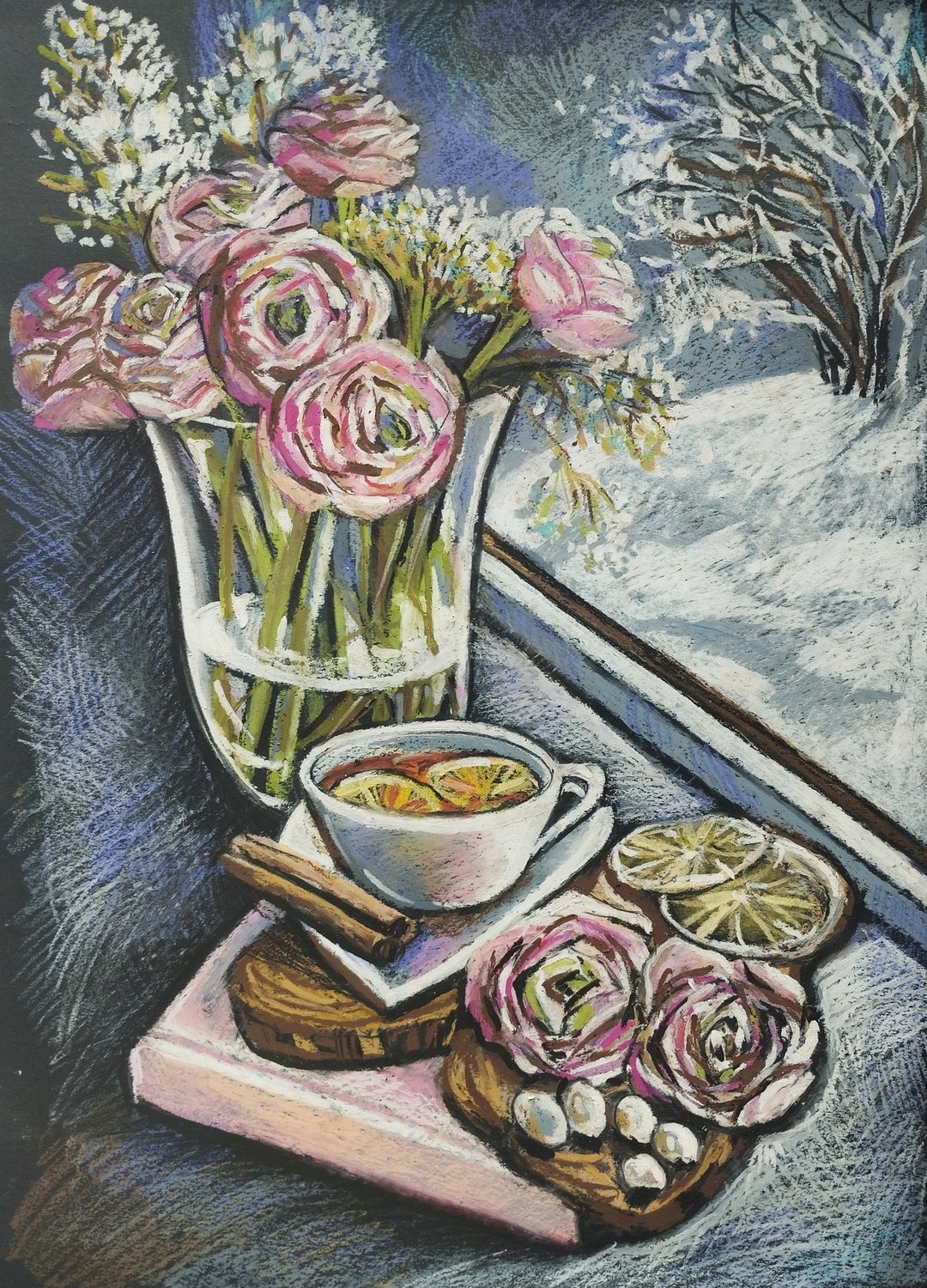 毛茛属绘画花卉艺术绘画油画棒早餐 - 墙贴/壁贴 - 纸 粉红色