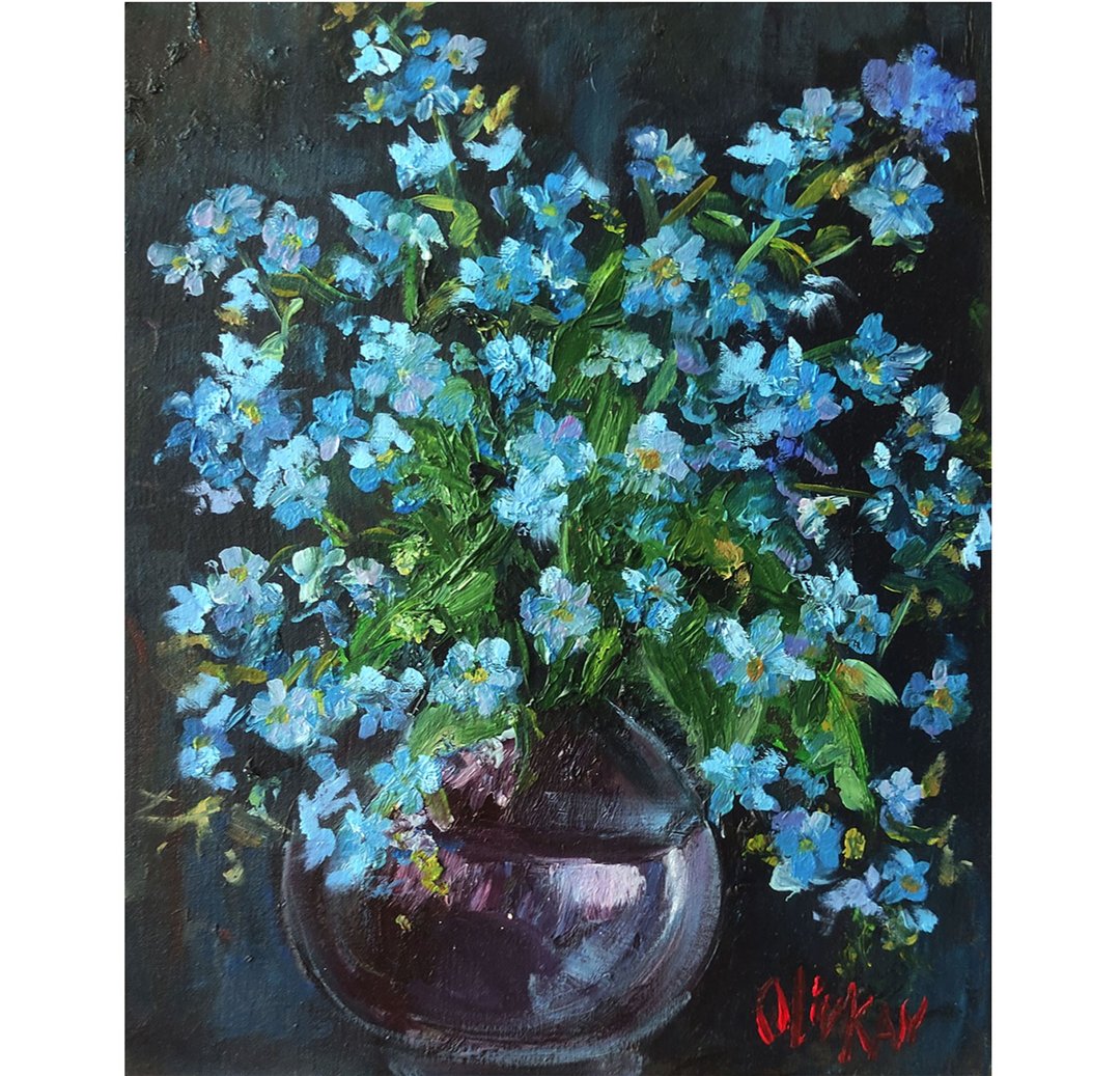 Bluebonnet Painting Forget me nots Original Oil Painting Floral Artwork - 海报/装饰画/版画 - 其他材质 多色