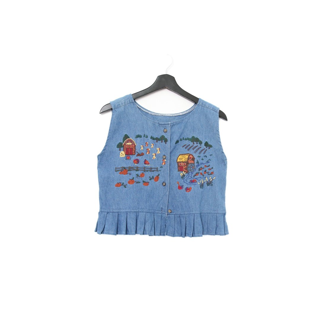 Back to Green-丹宁刺绣背心 木屋 河川南瓜 dv-07//vintage vest - 女装背心 - 棉 