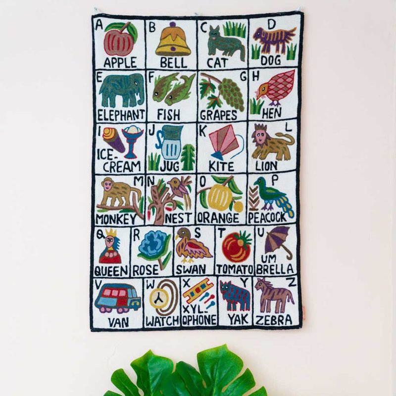 喀什米尔 羊毛编织 图腾挂毯－ ABC动物字母毯 黑白 - 地垫/地毯 - 羊毛 多色