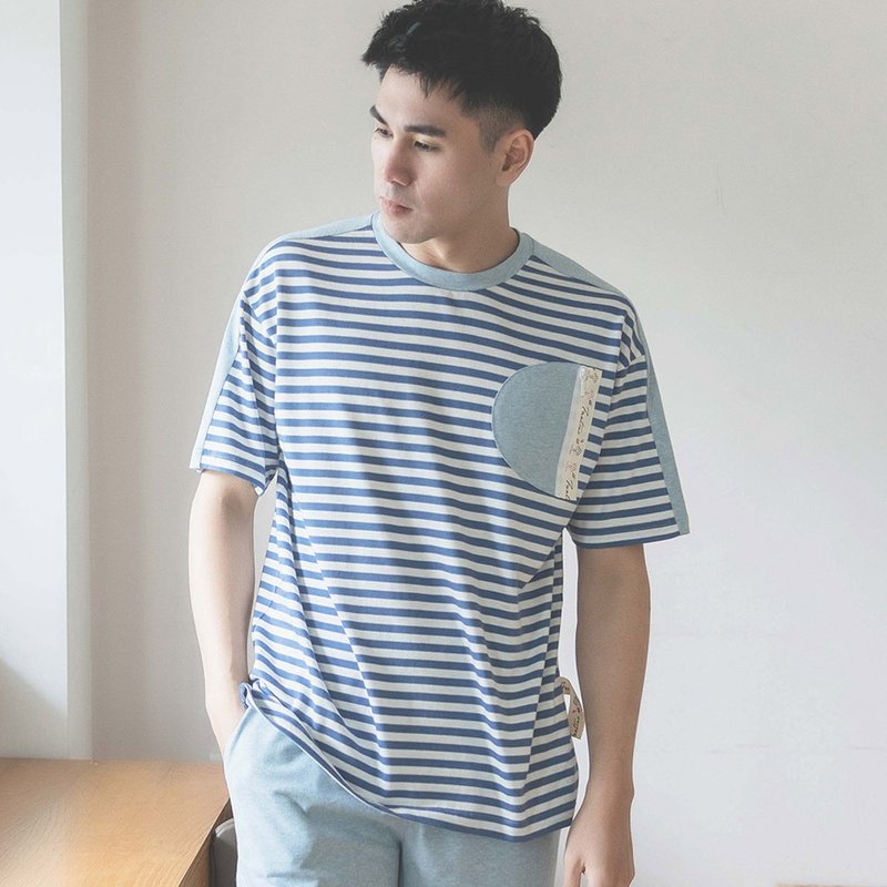 UMORFIL胶原蛋白拼接口袋横纹短袖男家居服/睡衣/居家服-麻花蓝 - 居家服/睡衣 - 棉 蓝色